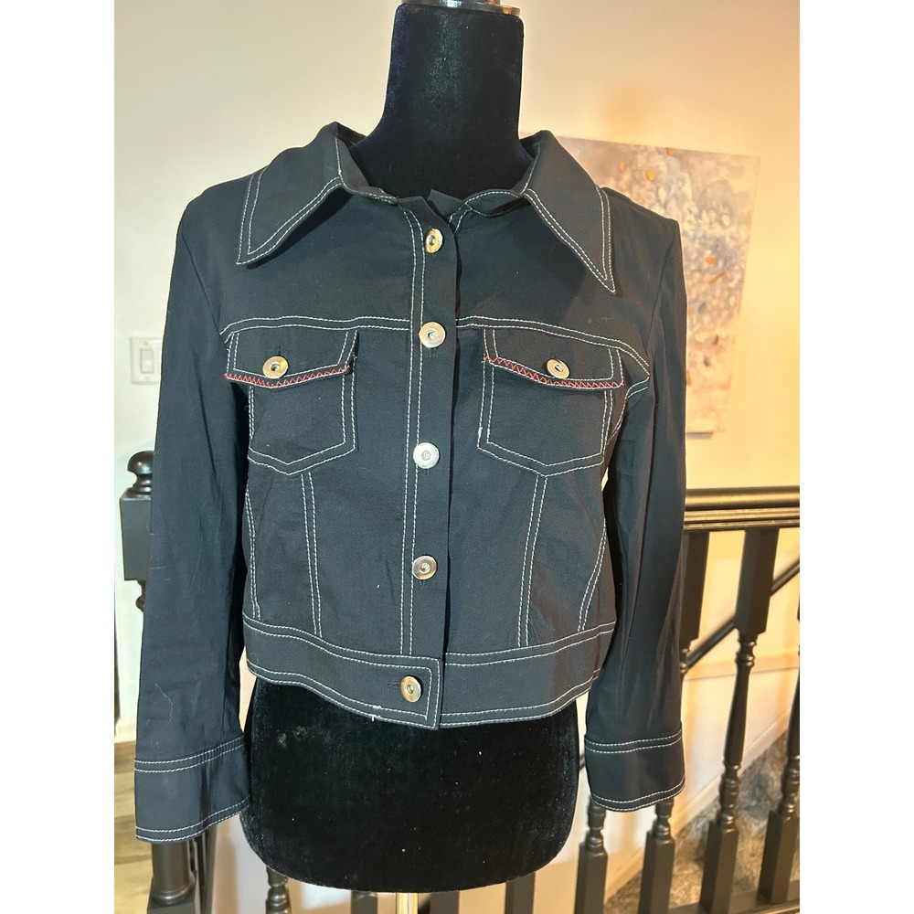Tricotto Black Contrast Stitch Cropped Jacket Women Medium Cotton Stretch Turkey